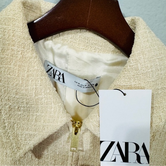 Zara Women Bloggers Favorite Ecru Textured Weave Bomber Collared Zip Jacket Sz M - Picture 15 of 17